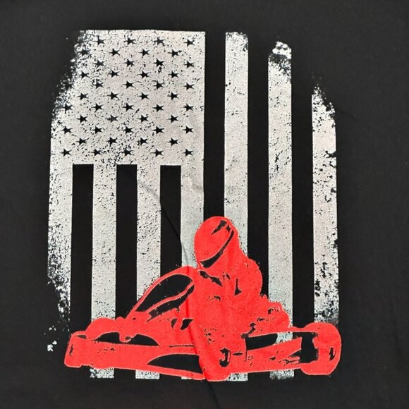 Port Company Mens Black T-Shirt Size 2XL Red Go Kart Racer Flag Short Sleeve - Picture 2 of 6